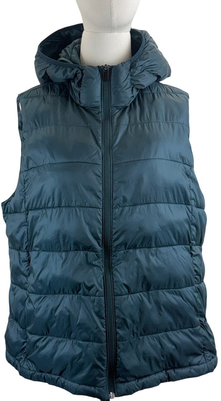 Athleta Aire Hooded Puffer Vest Women's XL Tall Green Packable Zip Front